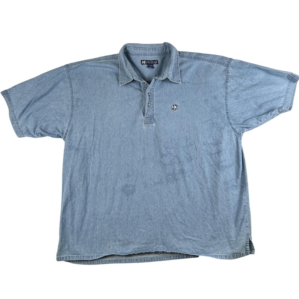Vintage Big Dogs Shirt Mens 3X Blue Denim Dog Polo Short Sleeve Made USA 90s
